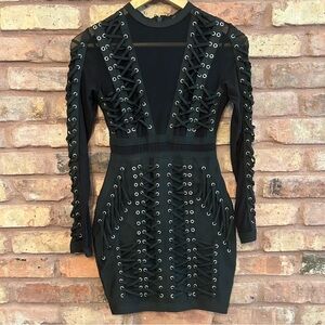 Fashion Nova Black Grommet Lace-up Long Sleeve Dress NWOT Small